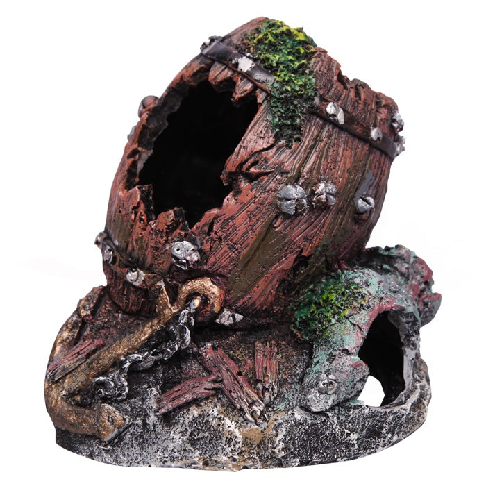 Aqua One Ornament Wrecked Barrel On Rock Small 13x12.5x13cm